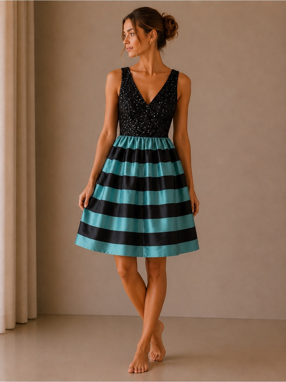 Anthropologie Leifsdottir Black & Teal Striped V-Neck Fit & Flare Dress Sz Large